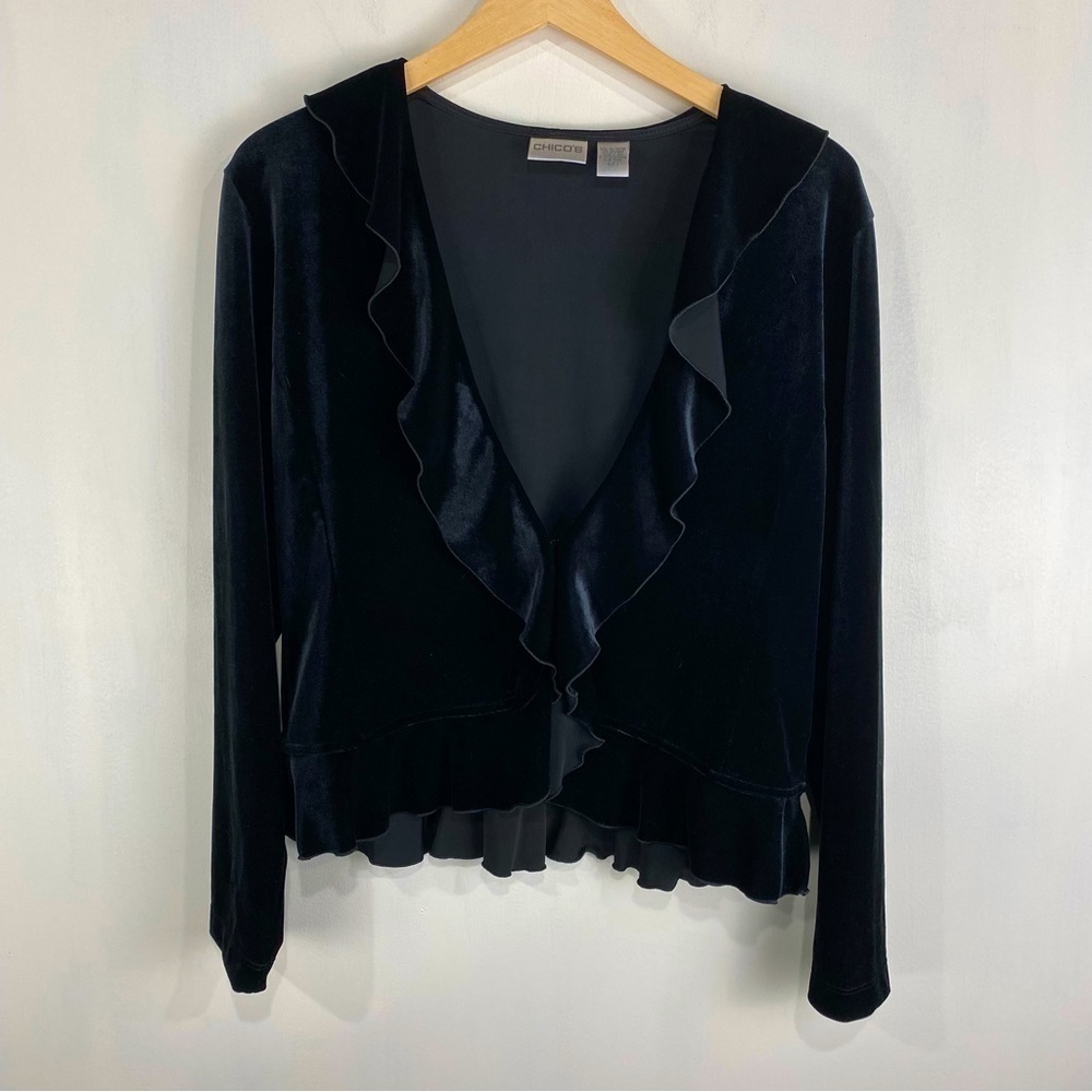Chico's Velvet Ruffle‎ Trim Hem Cardigan Sweater Formal Black Size 1 Medium 8/10